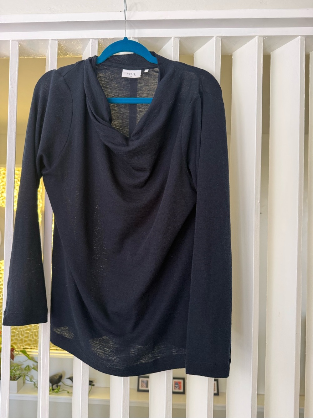 Foil Merino Draped Cowl Neck Long Sleeve Top